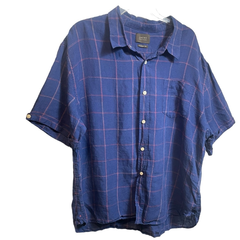 Jachs New York Classic Fit Blue Windowpane Linen Short Sleeve Shirt 2XL …